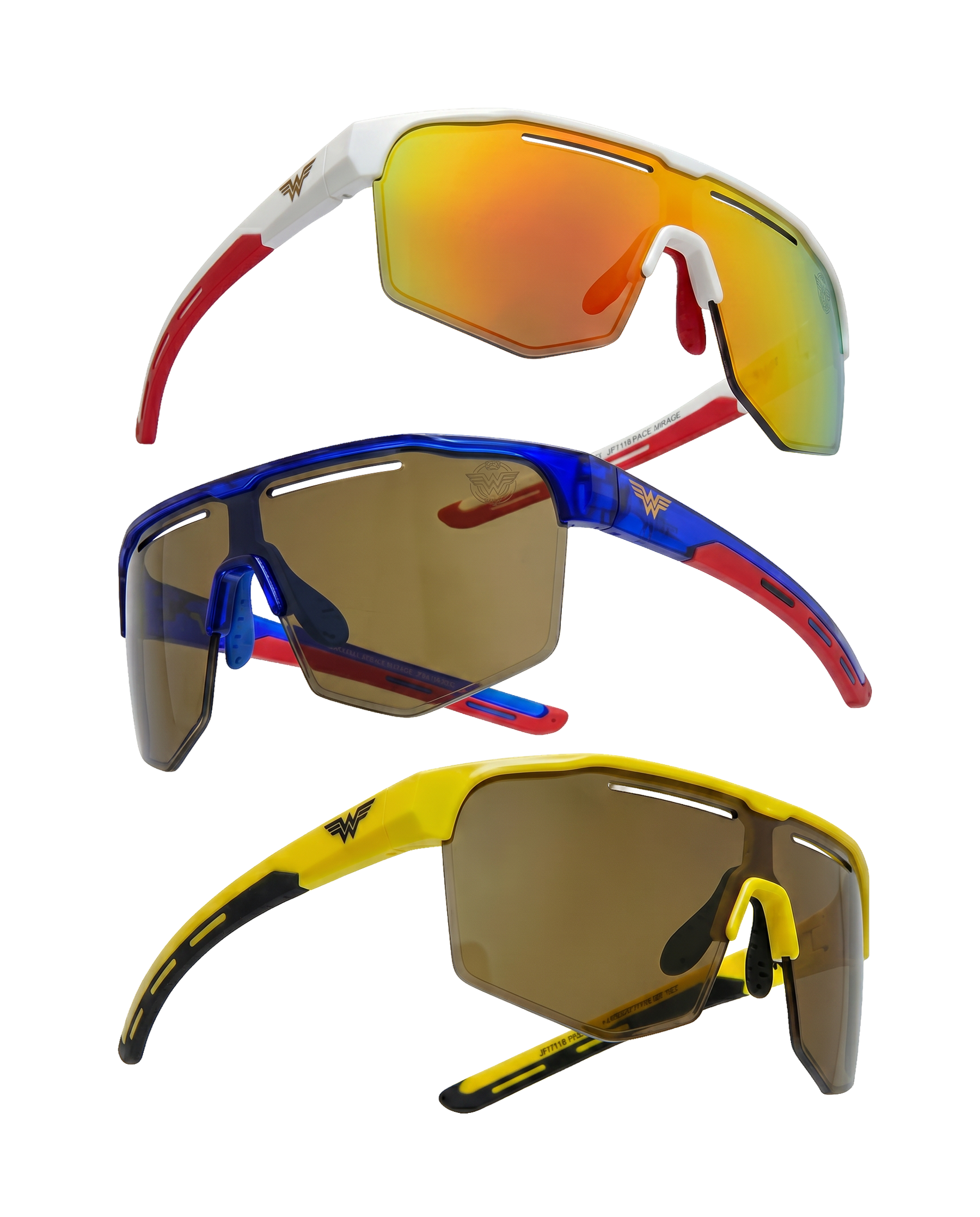 Os três modelos JF Sun Wonder Woman — azul, branco e amarelo